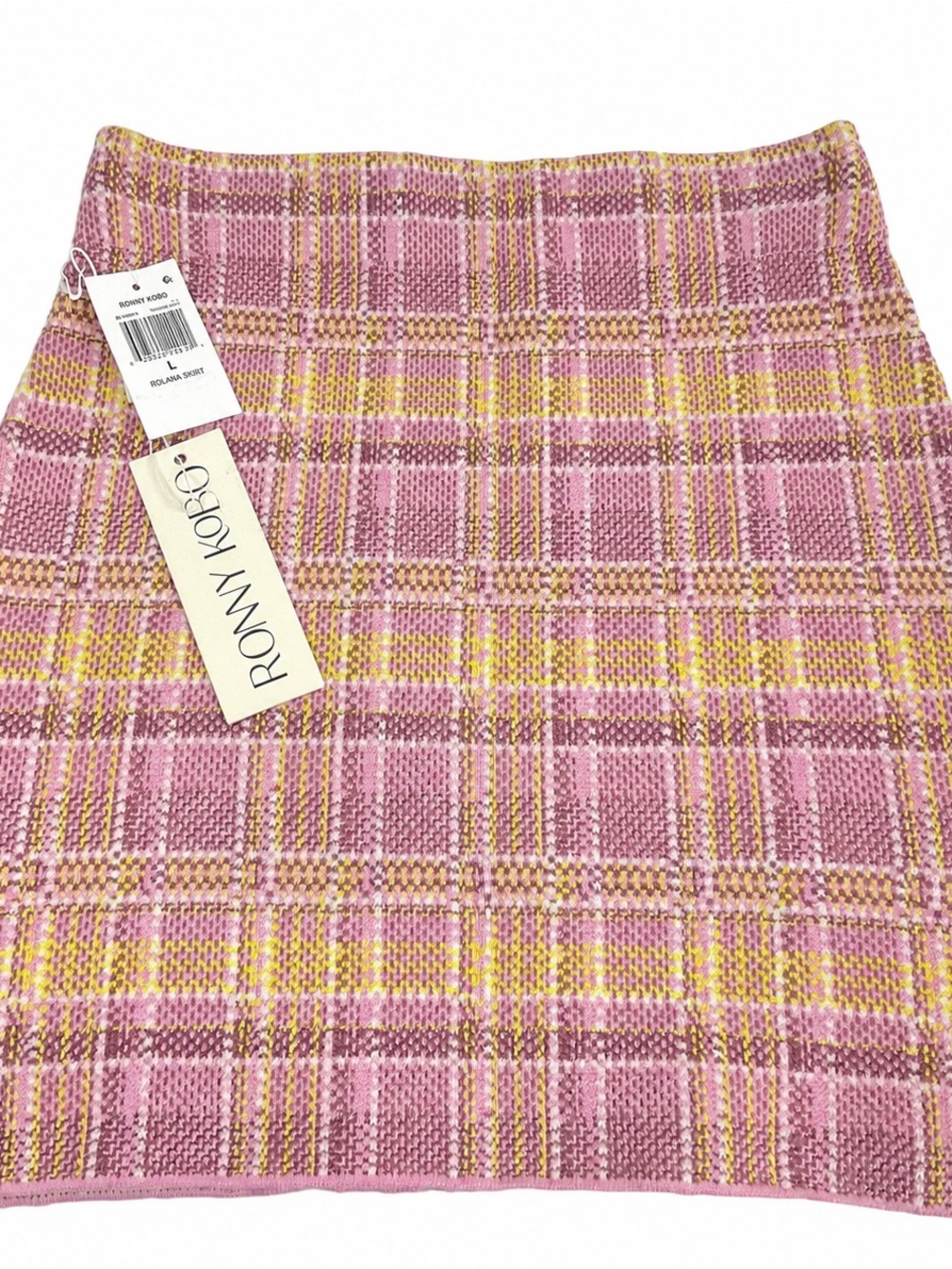 Ronny Kobo Collection Pink and Yellow Plaid Knit Mini Skirt